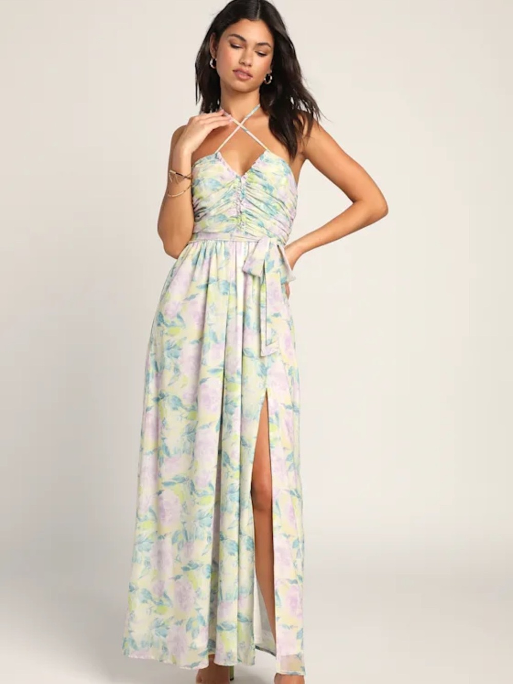 Lulu's Pastel Floral Crisscross Halter Maxi Dress